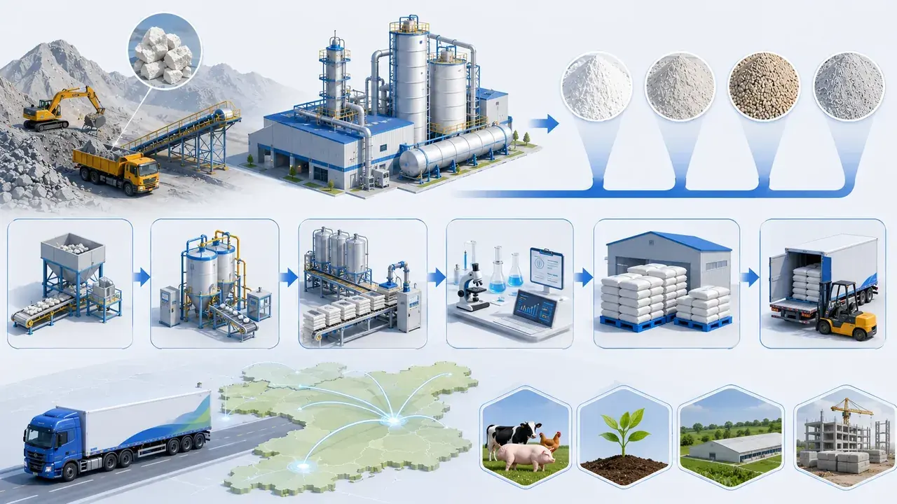 广西鑫益磷化工从原料、生产、检测到仓储发运与区域配送的信息示意图